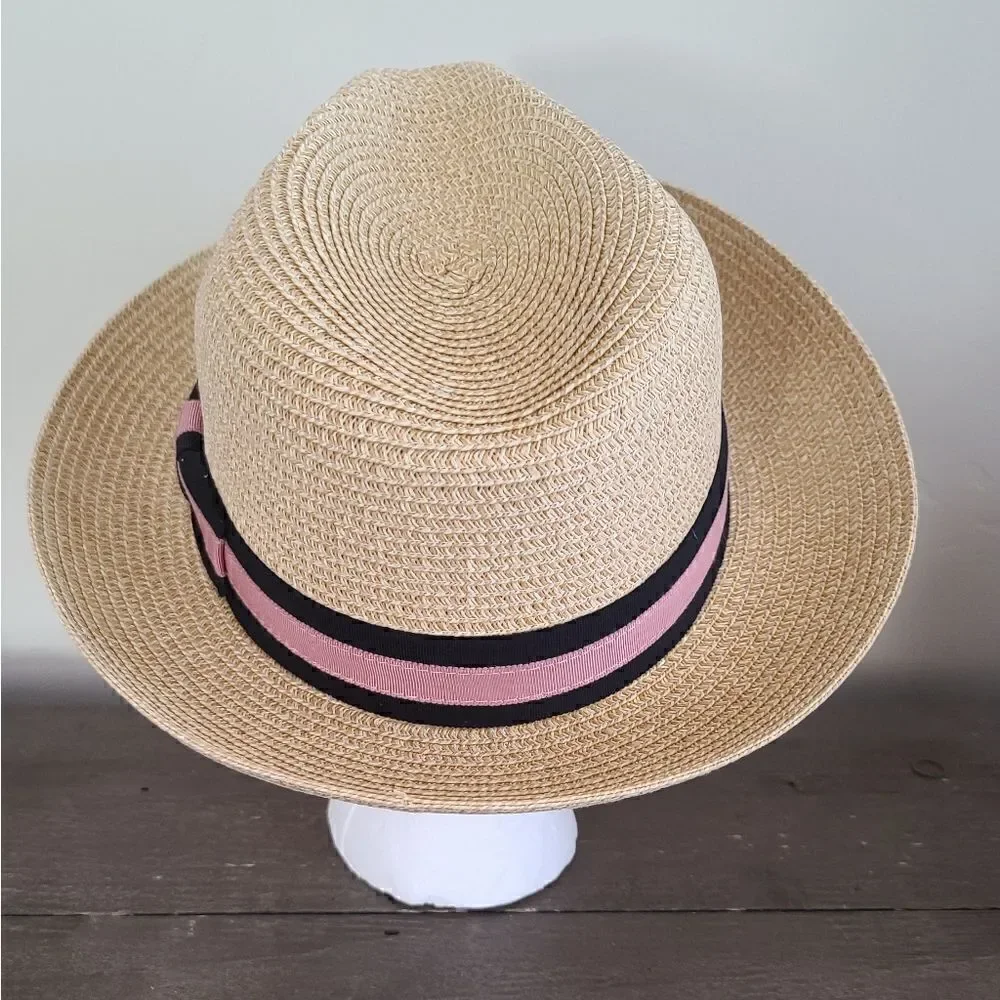 Nordstrom Classic Stripe Straw Fedora Hat in Tan Combo NEW Size S / M